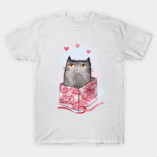 Watercolor cute cat in box with beautiful peonies. T-Shirt